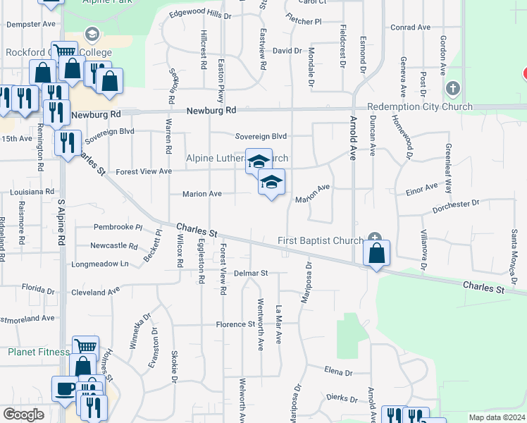 map of restaurants, bars, coffee shops, grocery stores, and more near 4949 Marion Avenue in Rockford