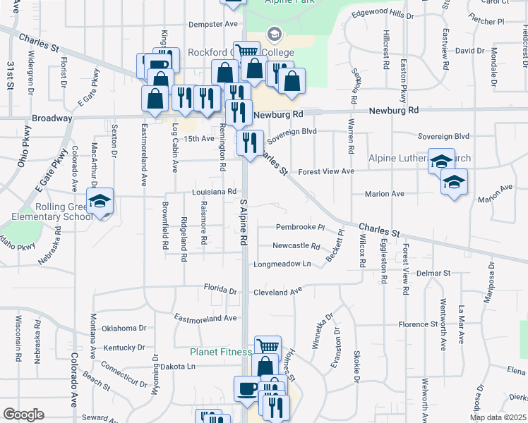 map of restaurants, bars, coffee shops, grocery stores, and more near 4523 Apple Orchard Lane in Rockford