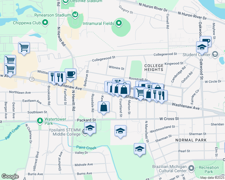 map of restaurants, bars, coffee shops, grocery stores, and more near 1926 Washtenaw Avenue in Ypsilanti