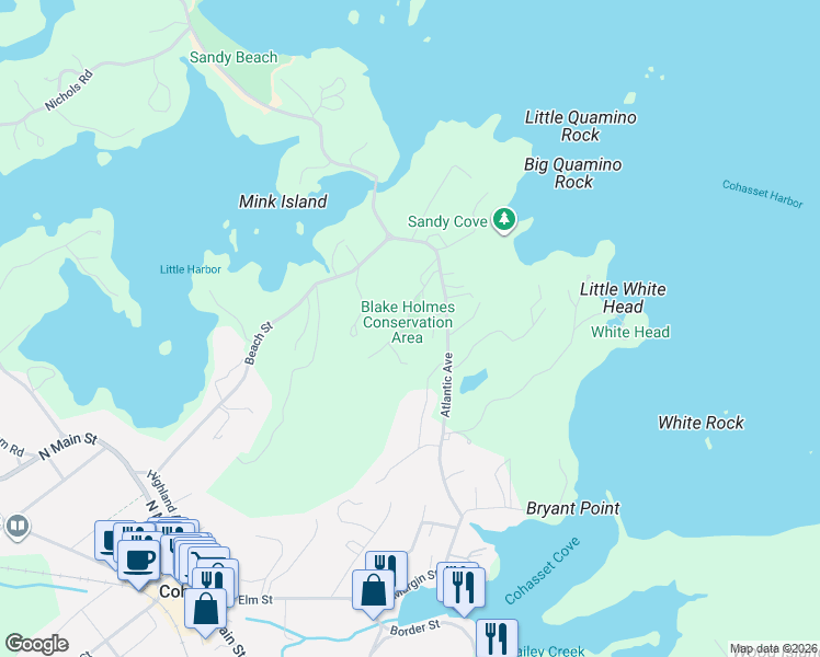 map of restaurants, bars, coffee shops, grocery stores, and more near 130 Atlantic Avenue in Cohasset