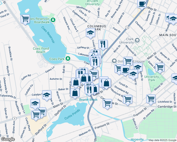 map of restaurants, bars, coffee shops, grocery stores, and more near 22 Coes Street in Worcester