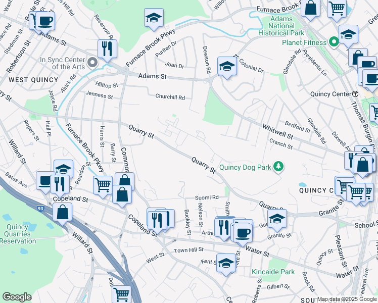 map of restaurants, bars, coffee shops, grocery stores, and more near 2 Cityview Lane in Quincy