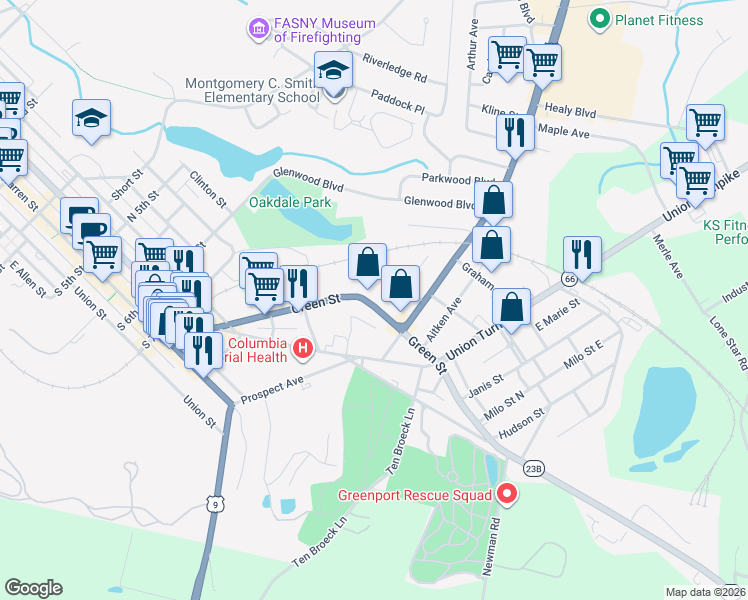 map of restaurants, bars, coffee shops, grocery stores, and more near 144 Green Street in Hudson