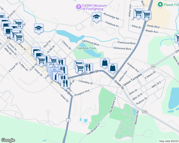 map of restaurants, bars, coffee shops, grocery stores, and more near 74 Green Street in Hudson