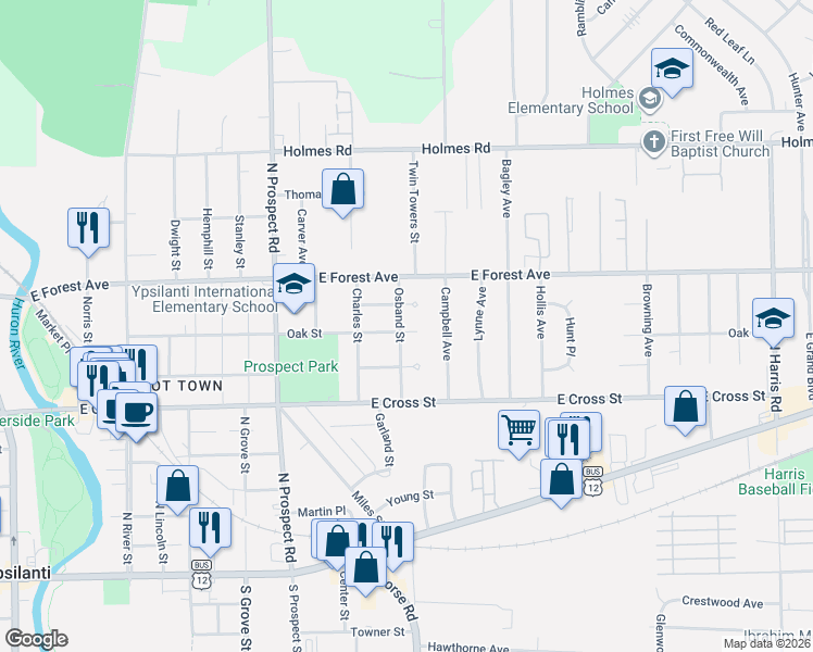 map of restaurants, bars, coffee shops, grocery stores, and more near 715 Virginia Place in Ypsilanti
