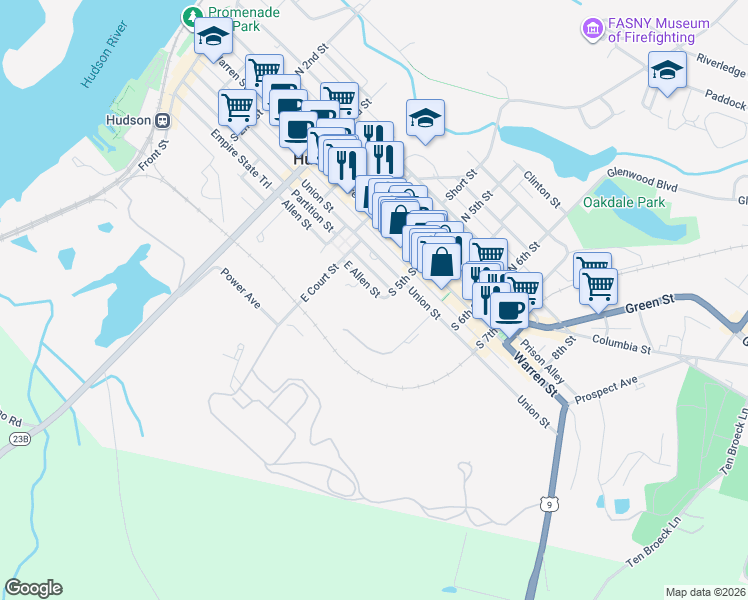 map of restaurants, bars, coffee shops, grocery stores, and more near 453 East Allen Street in Hudson