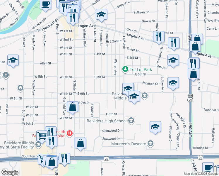 map of restaurants, bars, coffee shops, grocery stores, and more near 1115 Caswell Street in Belvidere