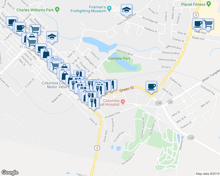 map of restaurants, bars, coffee shops, grocery stores, and more near 40 Green Street in Hudson