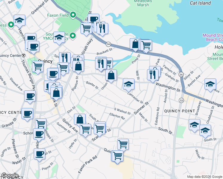 map of restaurants, bars, coffee shops, grocery stores, and more near 69 Union Street in Quincy