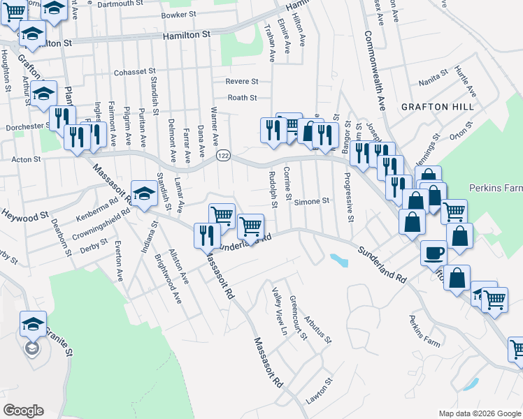 map of restaurants, bars, coffee shops, grocery stores, and more near 7 Maurice Street in Worcester