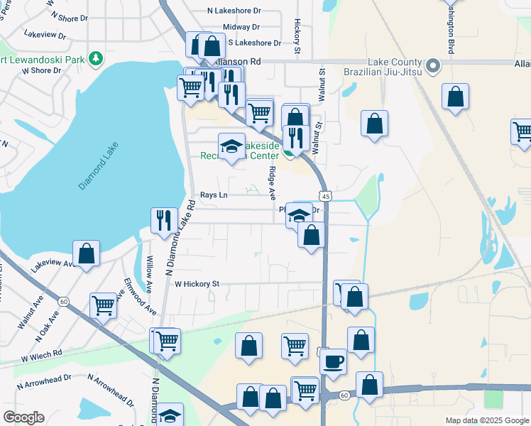 map of restaurants, bars, coffee shops, grocery stores, and more near 433 Pleasure Drive in Mundelein