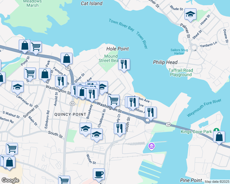 map of restaurants, bars, coffee shops, grocery stores, and more near 27 Beechwood Street in Quincy