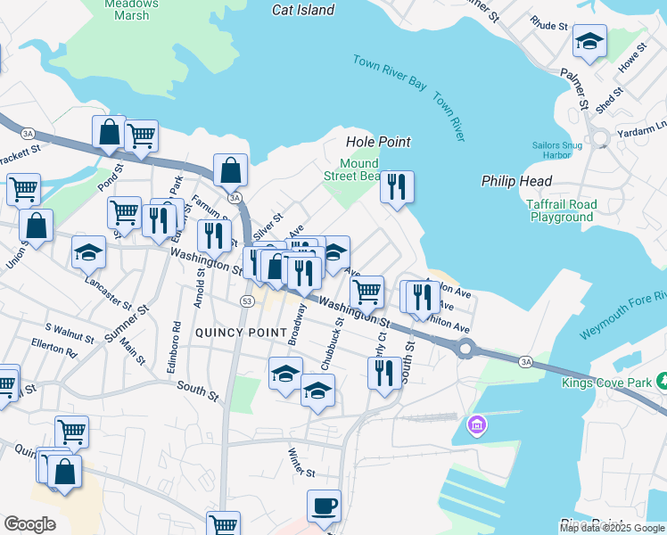 map of restaurants, bars, coffee shops, grocery stores, and more near 15 Nevada Road in Quincy