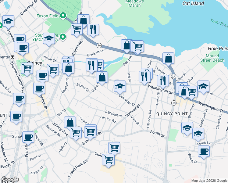 map of restaurants, bars, coffee shops, grocery stores, and more near 9 Lowe Street in Quincy