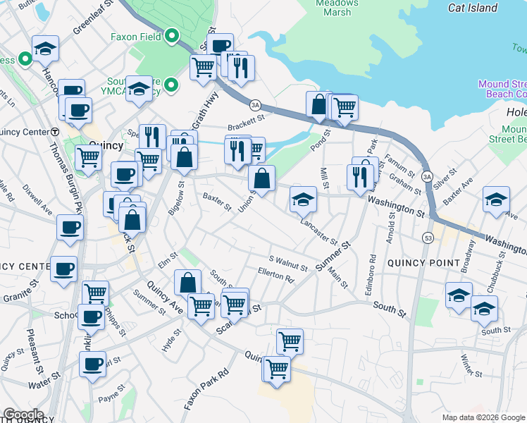 map of restaurants, bars, coffee shops, grocery stores, and more near 69 Union Street in Quincy