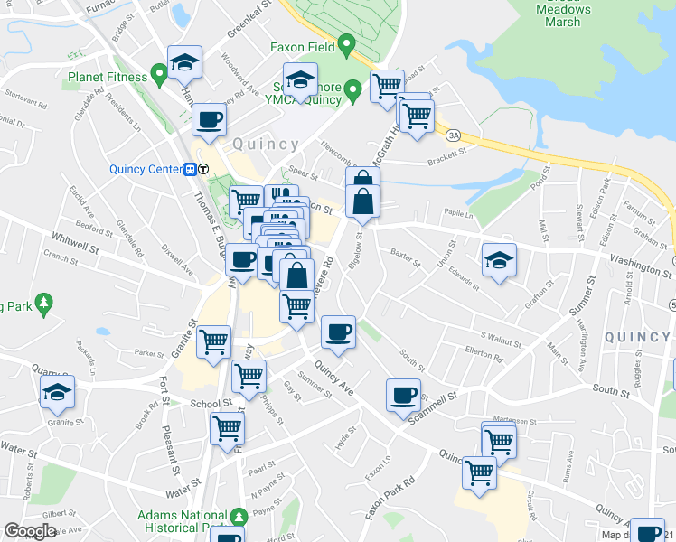 map of restaurants, bars, coffee shops, grocery stores, and more near 43 Dennis Ryan Parkway in Quincy