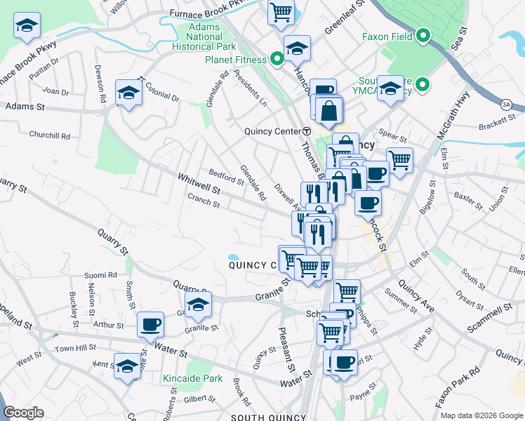 map of restaurants, bars, coffee shops, grocery stores, and more near 168 Glendale Road in Quincy