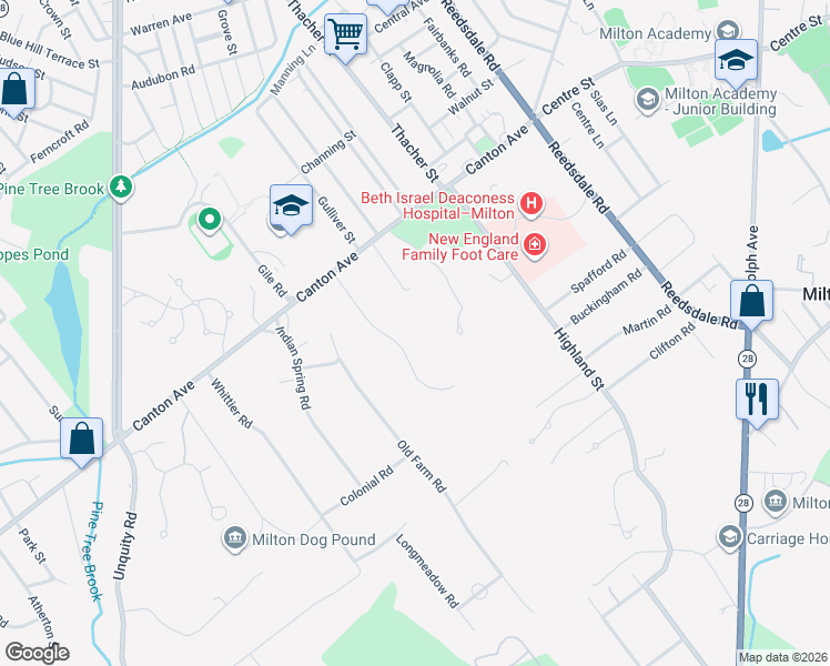 map of restaurants, bars, coffee shops, grocery stores, and more near 652 Canton Avenue in Milton