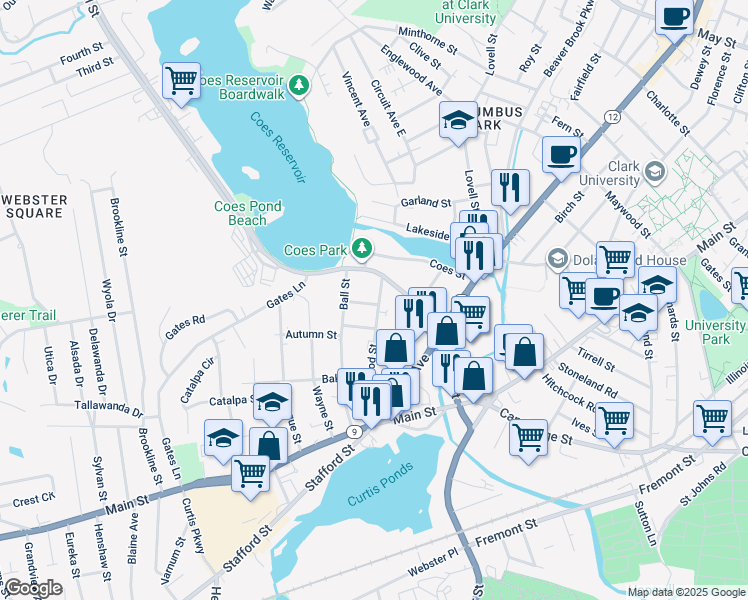 map of restaurants, bars, coffee shops, grocery stores, and more near 111 Lakewood Street in Worcester