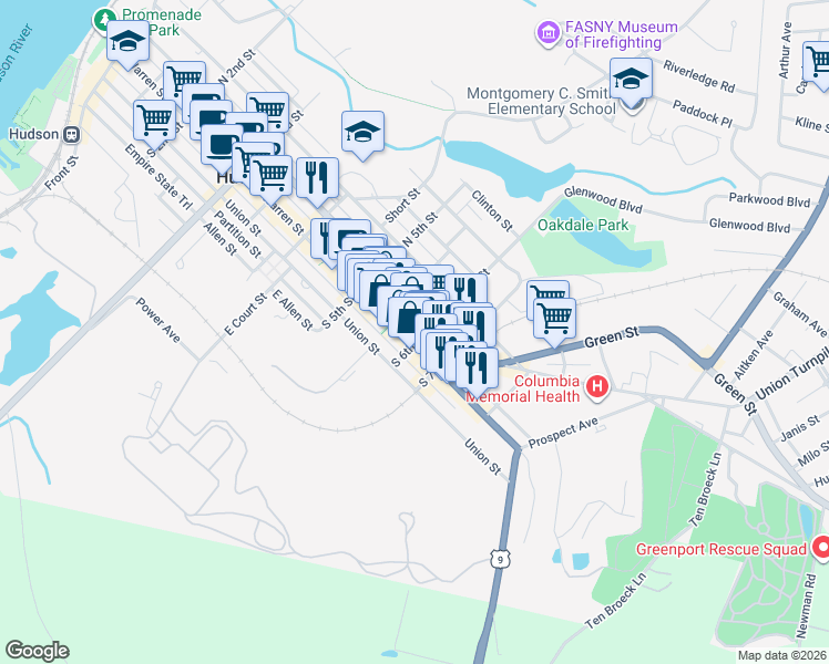 map of restaurants, bars, coffee shops, grocery stores, and more near 538 1/2 Warren Street in Hudson