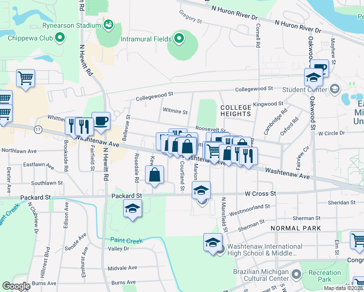 map of restaurants, bars, coffee shops, grocery stores, and more near 1838 Whittier Road in Ypsilanti