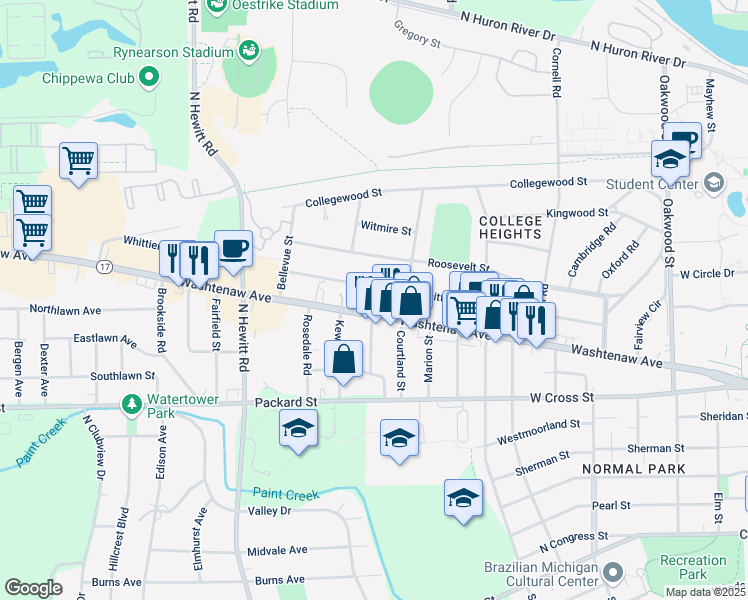 map of restaurants, bars, coffee shops, grocery stores, and more near 1838 Whittier Road in Ypsilanti