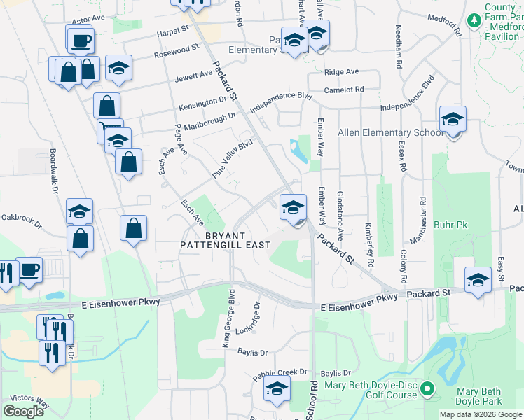 map of restaurants, bars, coffee shops, grocery stores, and more near 1553 King George Boulevard in Ann Arbor