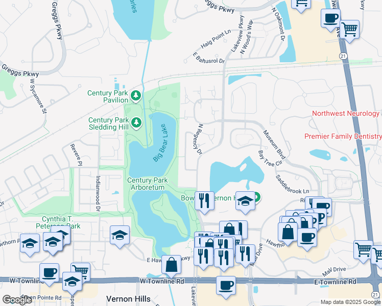 map of restaurants, bars, coffee shops, grocery stores, and more near 1295 North Streamwood Lane in Vernon Hills