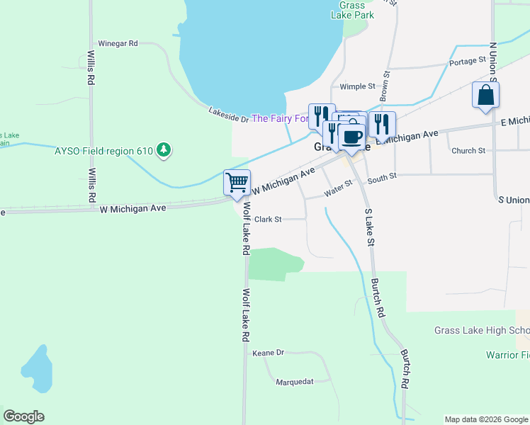 map of restaurants, bars, coffee shops, grocery stores, and more near 355 West Michigan Avenue in Grass Lake