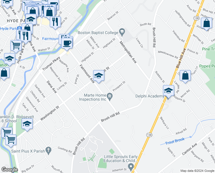 map of restaurants, bars, coffee shops, grocery stores, and more near 138 Warren Avenue in Boston