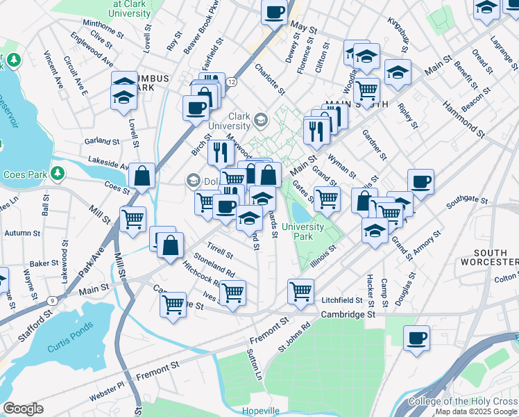 map of restaurants, bars, coffee shops, grocery stores, and more near 979 Main Street in Worcester