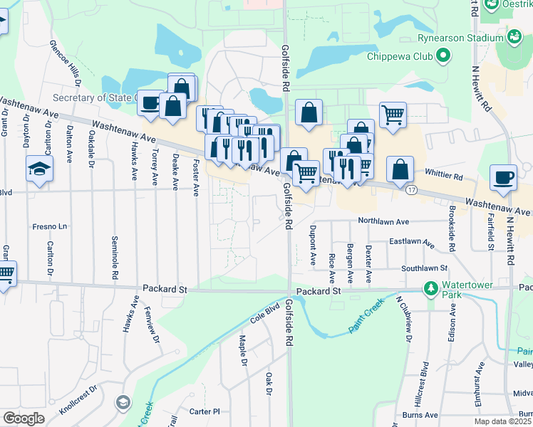 map of restaurants, bars, coffee shops, grocery stores, and more near 2754 Golfside Road in Ypsilanti