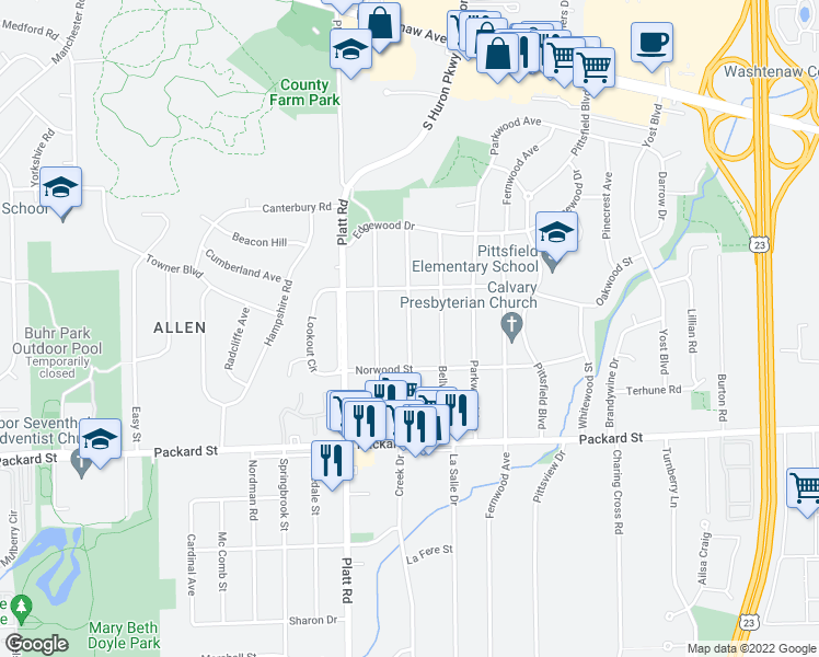 map of restaurants, bars, coffee shops, grocery stores, and more near Maplewood Avenue in Ann Arbor