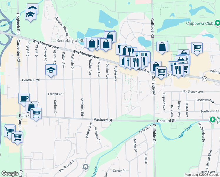 map of restaurants, bars, coffee shops, grocery stores, and more near 2634 Foster Avenue in Ann Arbor