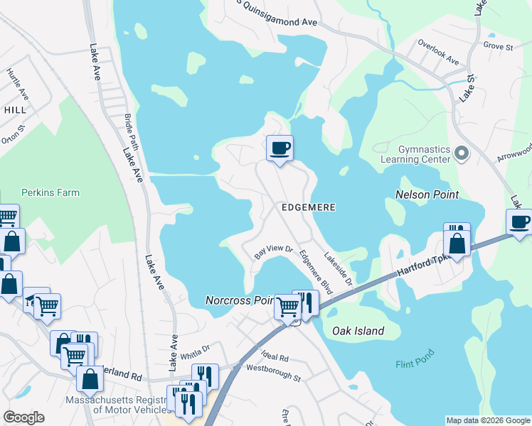map of restaurants, bars, coffee shops, grocery stores, and more near 81 Bay View Drive in Shrewsbury