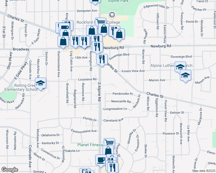 map of restaurants, bars, coffee shops, grocery stores, and more near 4525 Apple Orchard Lane in Rockford