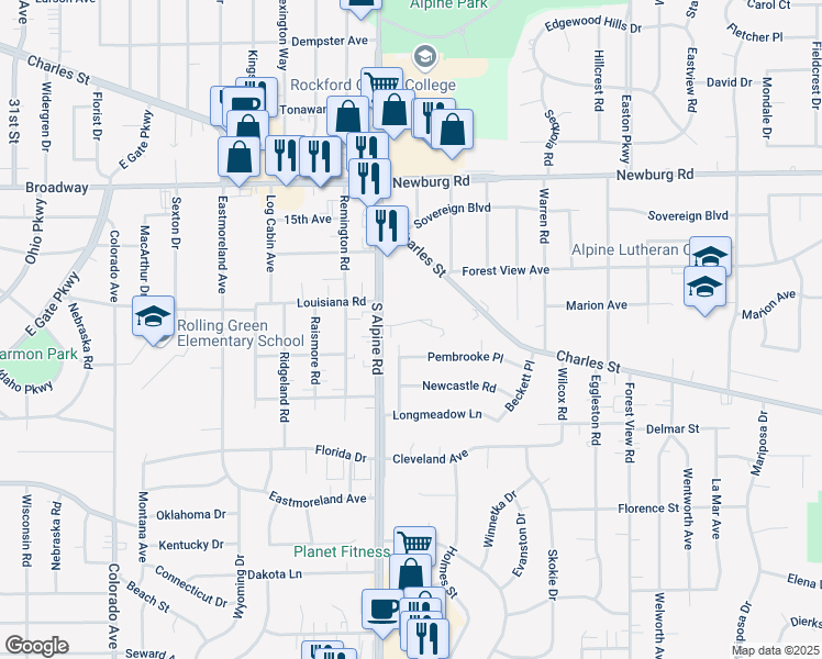 map of restaurants, bars, coffee shops, grocery stores, and more near 4527 Apple Orchard Lane in Rockford