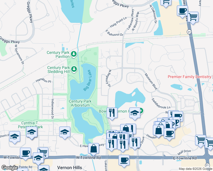 map of restaurants, bars, coffee shops, grocery stores, and more near 1264 North Regency Drive in Vernon Hills