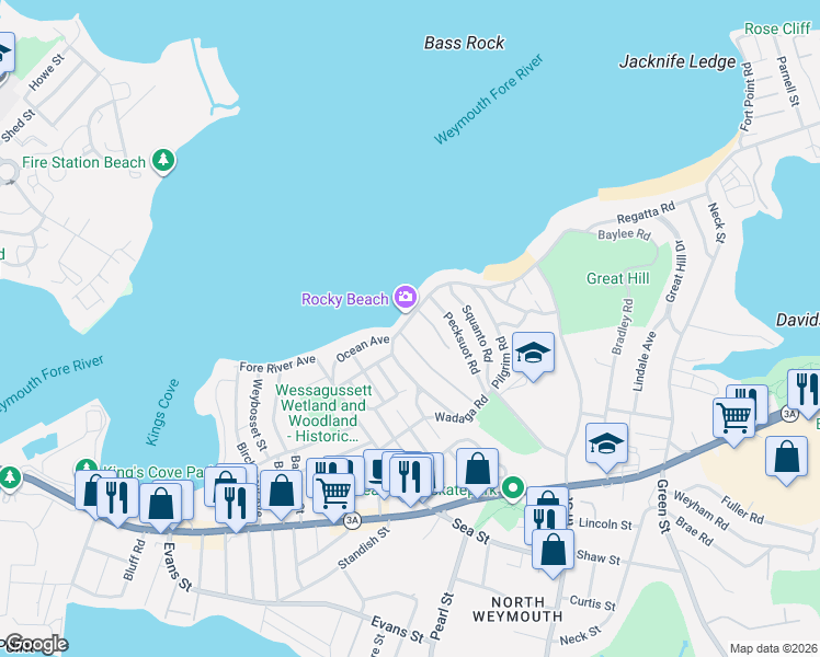 map of restaurants, bars, coffee shops, grocery stores, and more near 137 Wessagussett Road in Weymouth