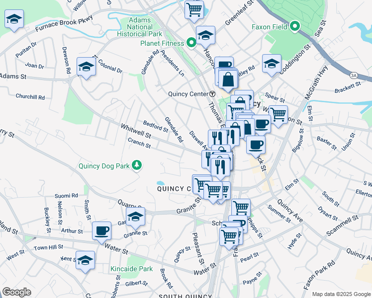 map of restaurants, bars, coffee shops, grocery stores, and more near 270 Whitwell Street in Quincy