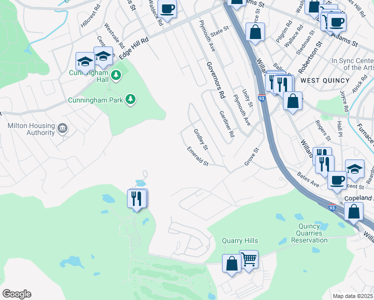 map of restaurants, bars, coffee shops, grocery stores, and more near 33 Emerald Street in Quincy