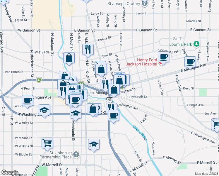 map of restaurants, bars, coffee shops, grocery stores, and more near 500 East Michigan Avenue in Grass Lake