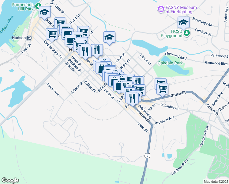 map of restaurants, bars, coffee shops, grocery stores, and more near 535 Warren Street in Hudson