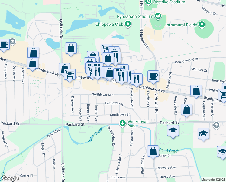 map of restaurants, bars, coffee shops, grocery stores, and more near 2663 Washtenaw Ave in Ypsilanti