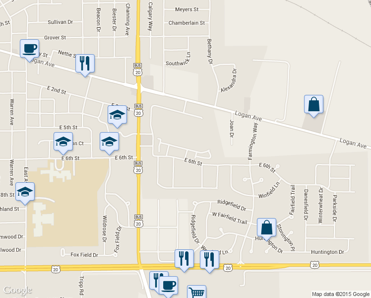 map of restaurants, bars, coffee shops, grocery stores, and more near 2185 Derby Lane in Belvidere