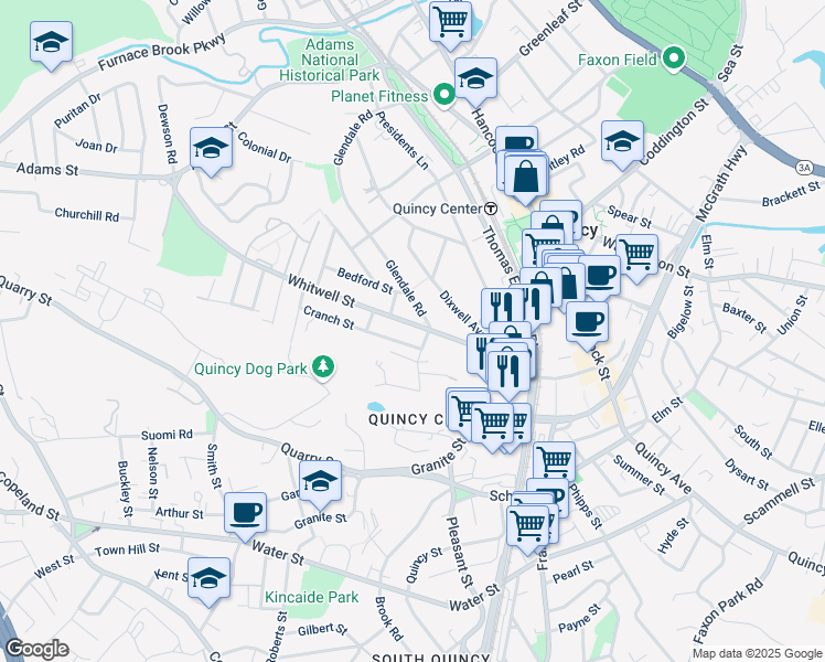 map of restaurants, bars, coffee shops, grocery stores, and more near 168 Glendale Road in Quincy