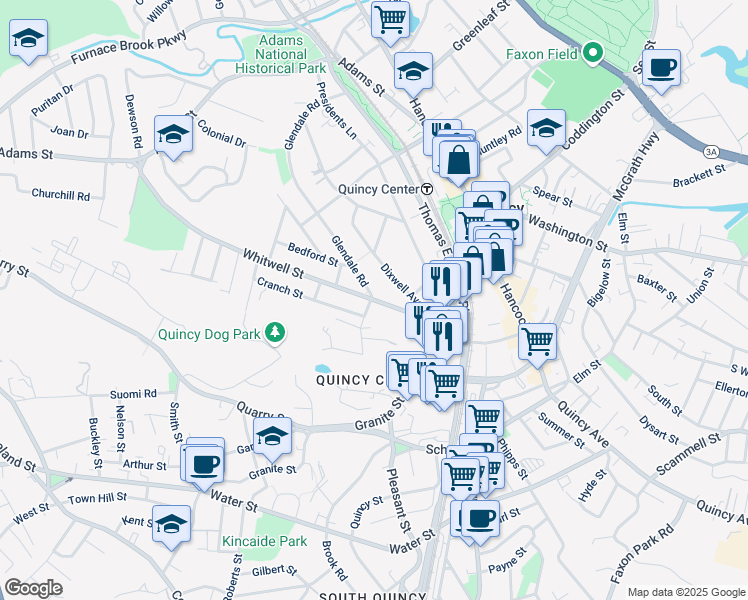 map of restaurants, bars, coffee shops, grocery stores, and more near 270 Whitwell Street in Quincy
