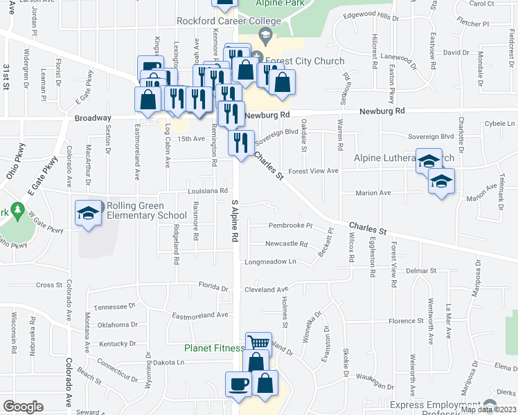 map of restaurants, bars, coffee shops, grocery stores, and more near 4543 Apple Orchard Lane in Rockford