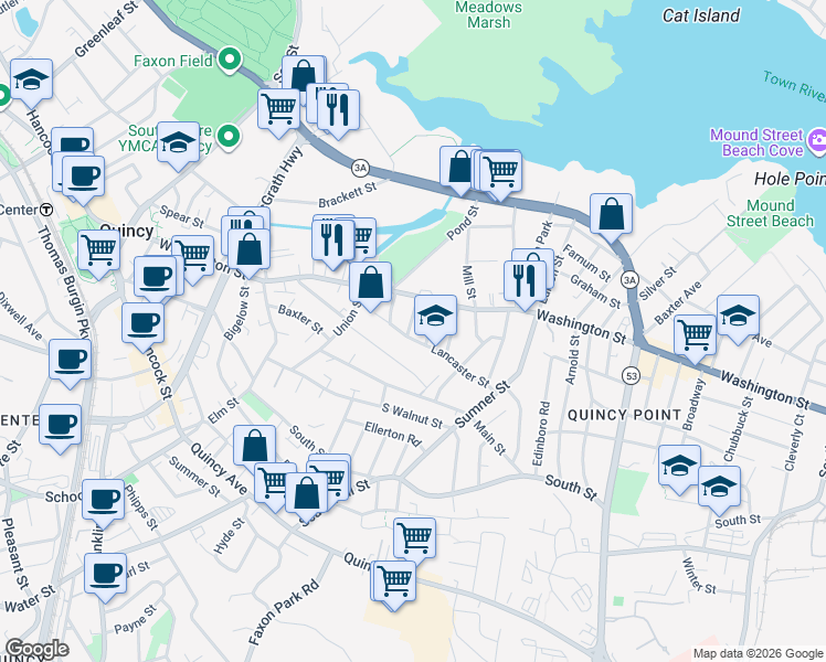 map of restaurants, bars, coffee shops, grocery stores, and more near 16 Fowler Street in Quincy
