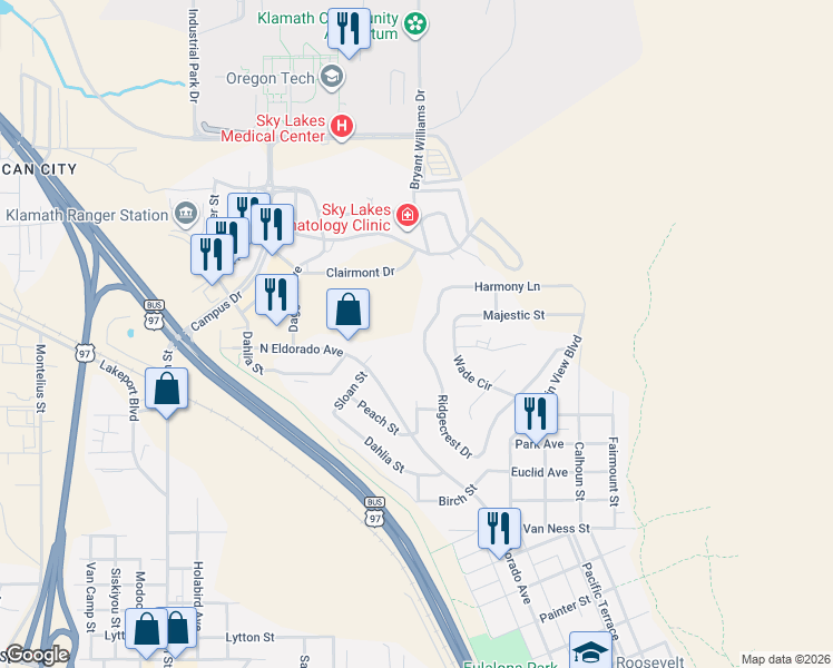 map of restaurants, bars, coffee shops, grocery stores, and more near 1354 Ridgecrest Drive in Klamath Falls